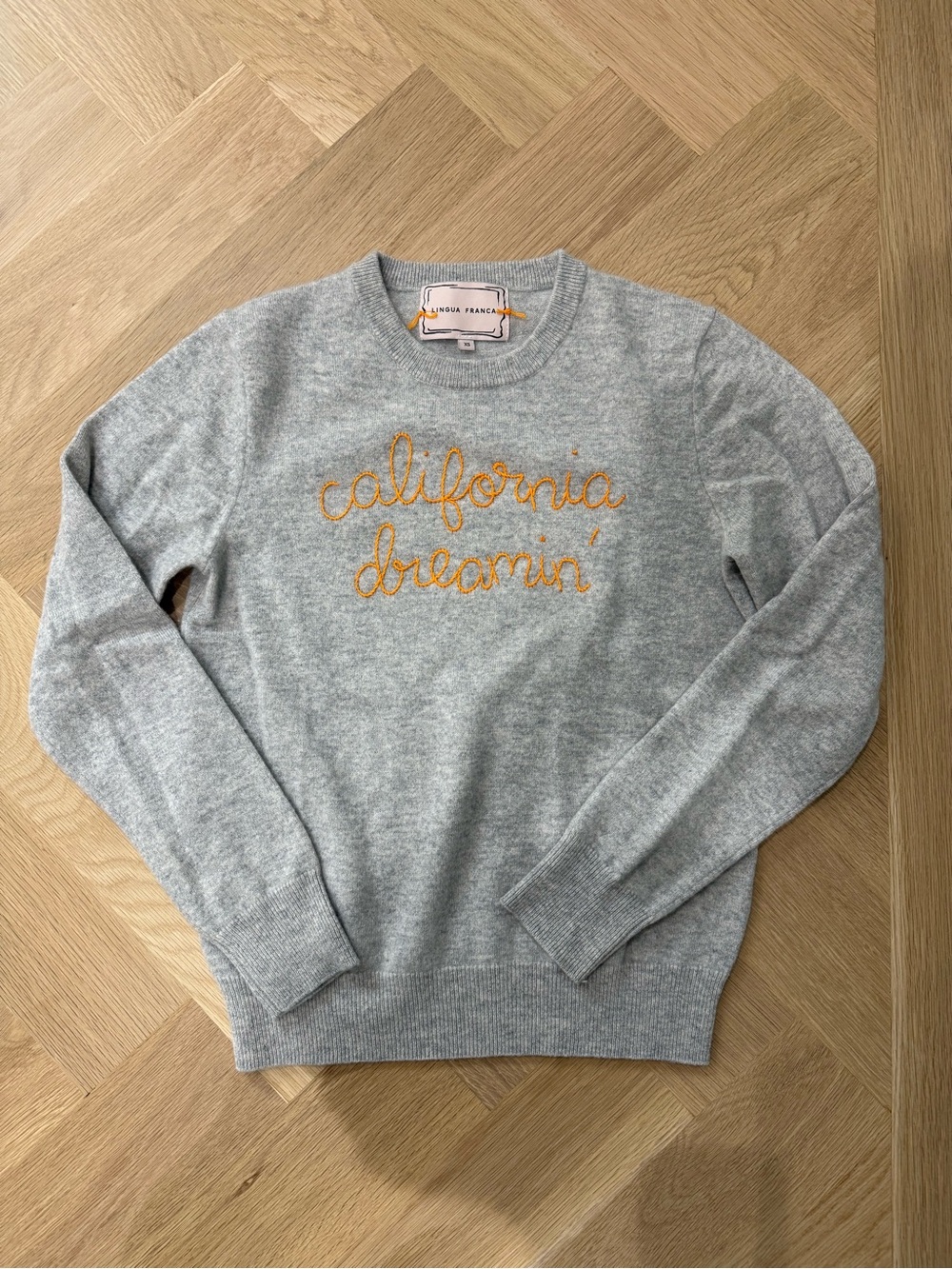 LINGUA FRANCA Gray Cashmere Sweater with “California Dreamin’” Orange Script